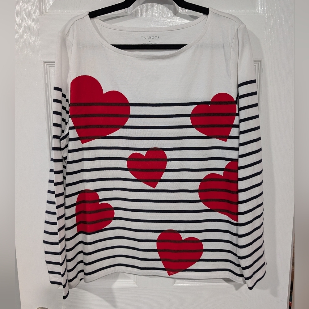 Talbots Black & White Striped with Red Hearts Long Sleeve Shirt in Size XL